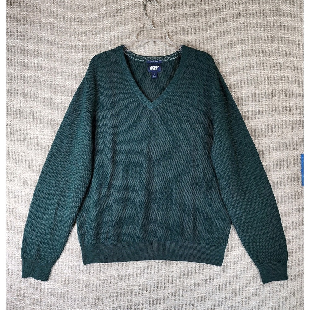 Lands End Washable 100% Merino Wool V-Neck‎ Sweater Mens L Green Pullover Nice!